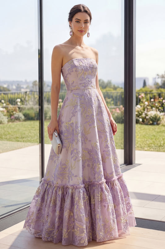 Floral Strapless Dusty Lilac Jacquard Long A Line Wedding Guest Dress