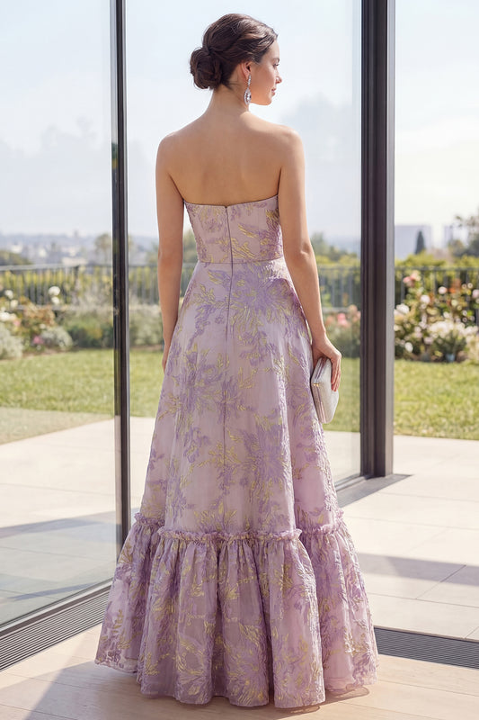 Floral Strapless Dusty Lilac Jacquard Long A Line Wedding Guest Dress