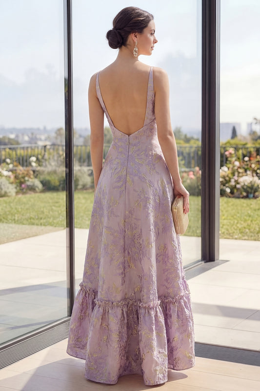 Long V-Neck Backless Dusty Lilac Jacquard A Line Floral Wedding Guest Dress