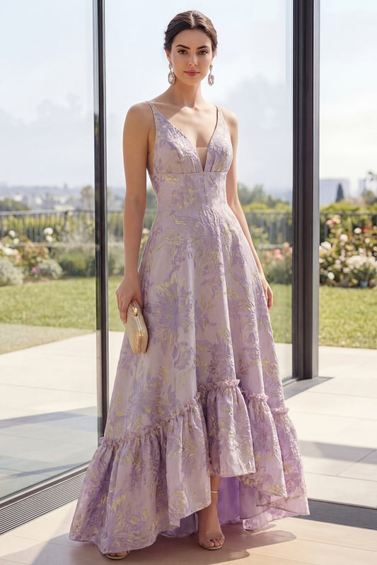 Long V-Neck Backless Dusty Lilac Jacquard A Line Floral Wedding Guest Dress