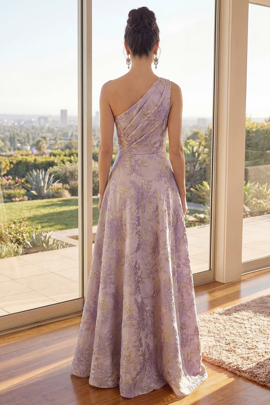 Long One Shoulder Ruched Dusty Lilac Jacquard A Line Floral Wedding Guest Dress