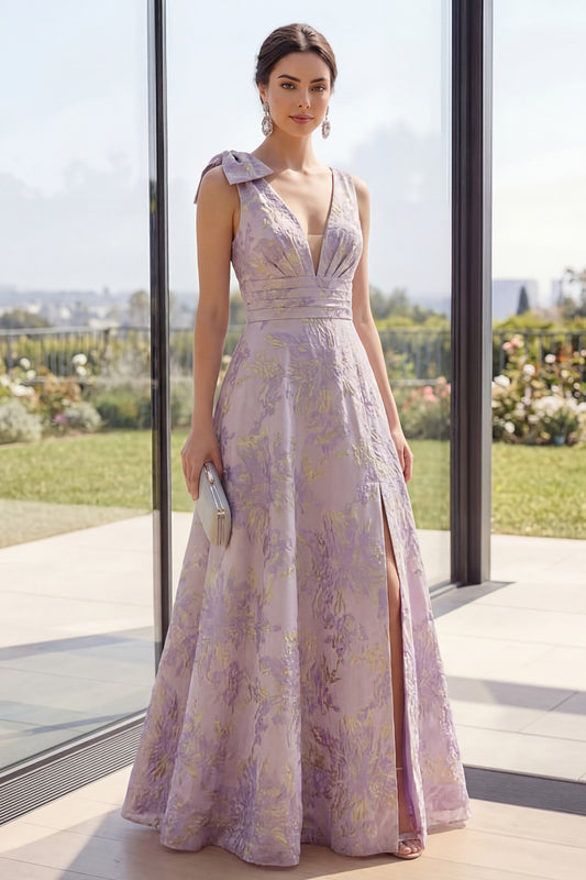 Long Ruched Dusty Lilac Jacquard A Line Floral V-Neck Wedding Guest Dress with Slit