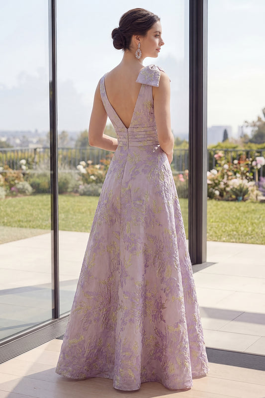 Long Ruched Dusty Lilac Jacquard A Line Floral V-Neck Wedding Guest Dress with Slit