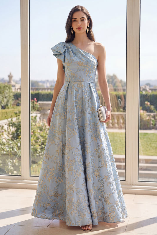 One Shoulder Jacquard Long A Line Dusty Blue Floral Wedding Guest Dress with Bow