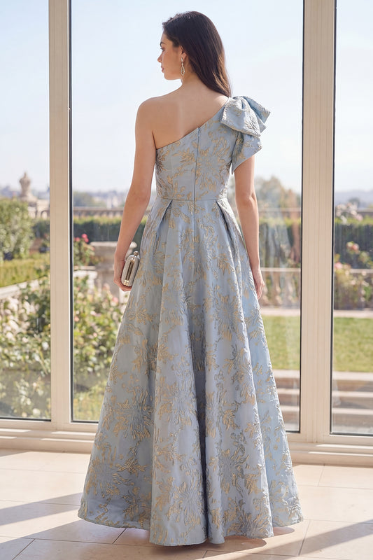 One Shoulder Jacquard Long A Line Dusty Blue Floral Wedding Guest Dress with Bow