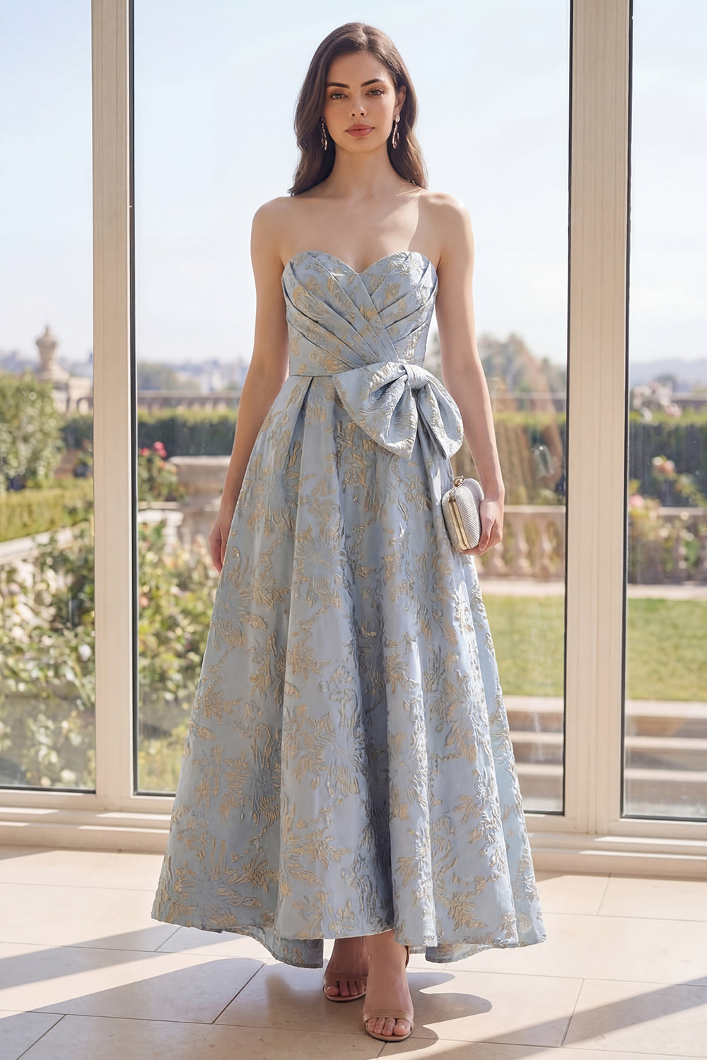 Zapakasa Women Dusty Blue Jacquard Long Floral Wedding Guest Dress