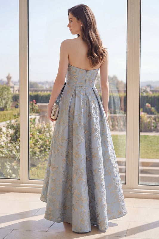 Jacquard Long A Line Dusty Blue Floral Wedding Guest Dress with Bow