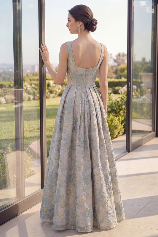 Thick Straps Jacquard Long A Line Dusty Blue Floral Wedding Guest Dress