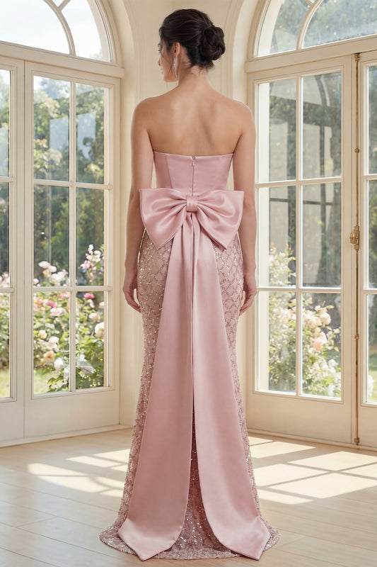 Strapless Beaded Sparkly Blush Long Mermaid Corset Formal Dress with Bow