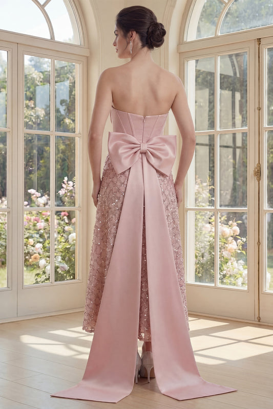 V-Neck Sequin Sparkly Blush Maxi A Line Corset Wedding Guest Dress with Bow