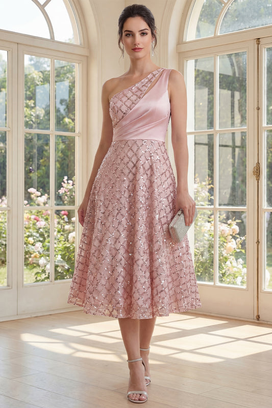 One Shoulder Keyhole Sparkly Blush Maxi A Line Wedding Guest Dress with Sequin