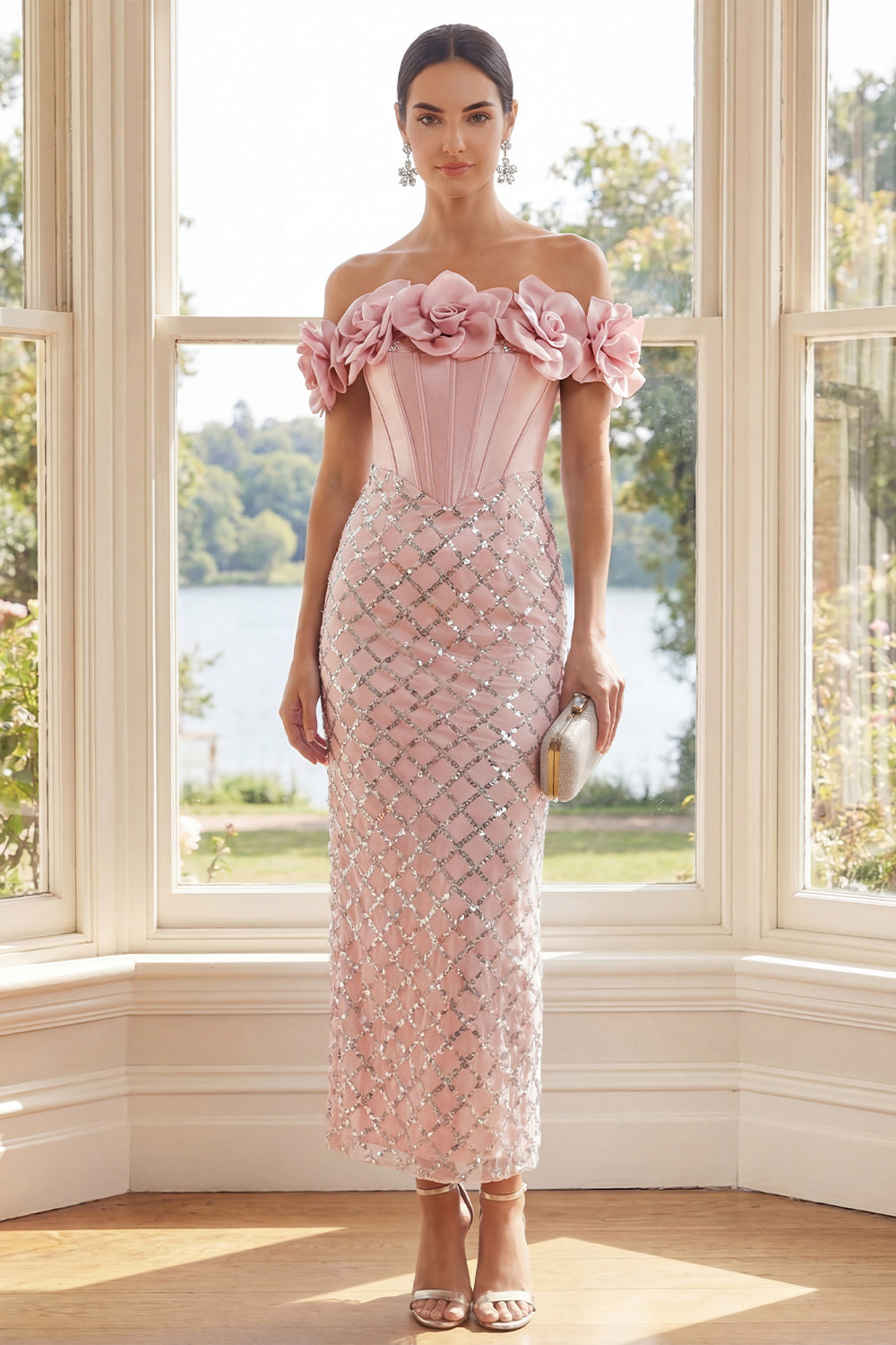 fitted lace wedding dress Zapaka Women Pink Wedding Guest Dress with Ruffle Sleeves A Line V Neck Pleated Chiffon Long Formal Dress, Pink / US12