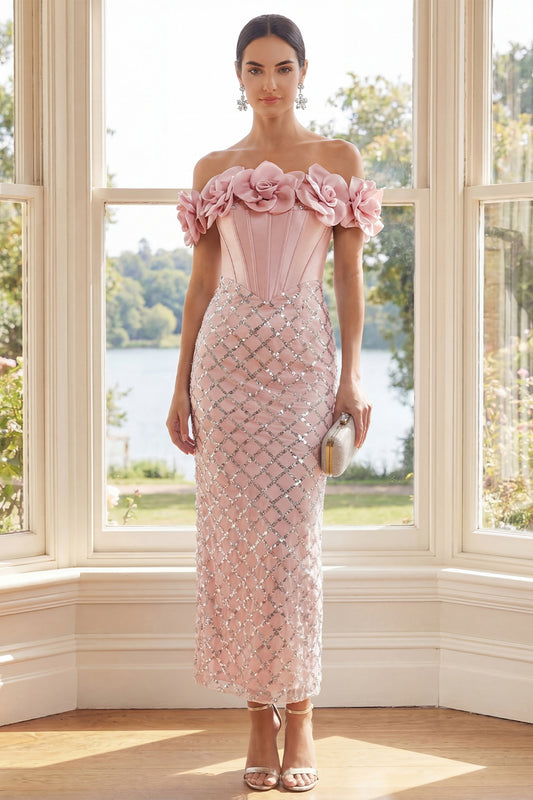 Sparkly Blush Sheath Corset Sequin Maxi Wedding Guest Dress with 3D Flowers