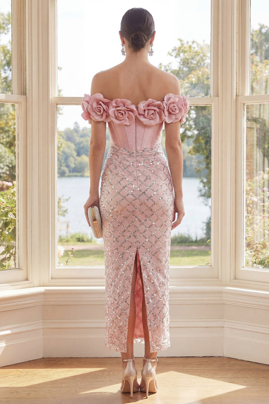 Sparkly Blush Sheath Corset Sequin Maxi Wedding Guest Dress with 3D Flowers
