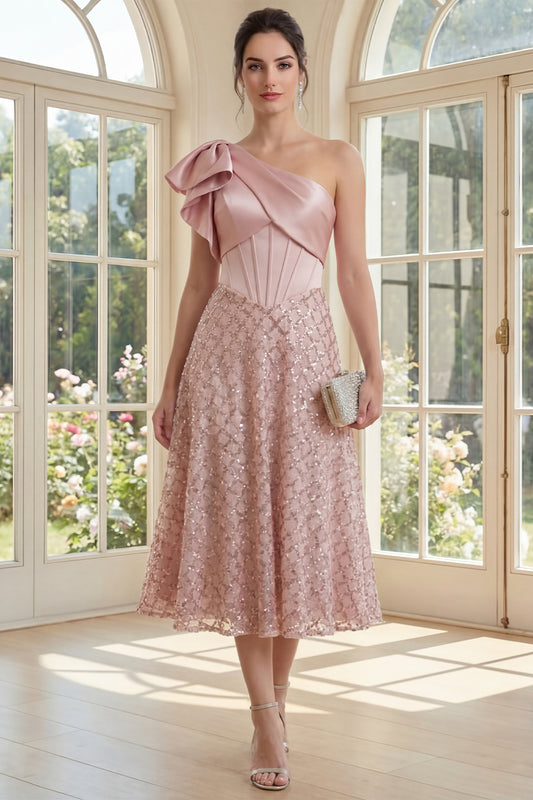 Sparkly Blush Maxi A Line Sequin Corset One Shoulder Wedding Guest Dress with Bow