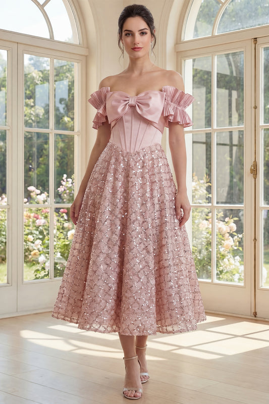 Ruffled Sparkly Blush Maxi A Line Sequin Corset Wedding Guest Dress with Bow