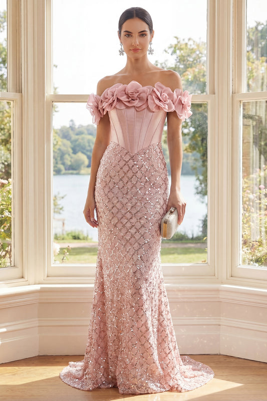 Long Mermaid Sparkly Blush Corset Sequin Formal Dress with 3D Flowers