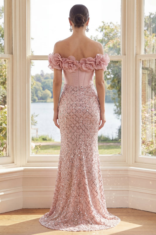 Long Mermaid Sparkly Blush Corset Sequin Formal Dress with 3D Flowers