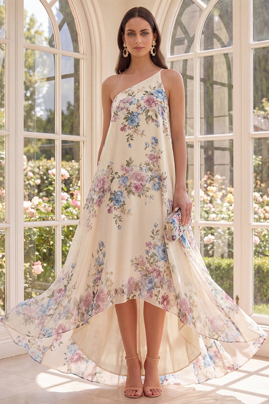 Apricot One Shoulder Floral A Line High Low Beach Wedding Guest Dress