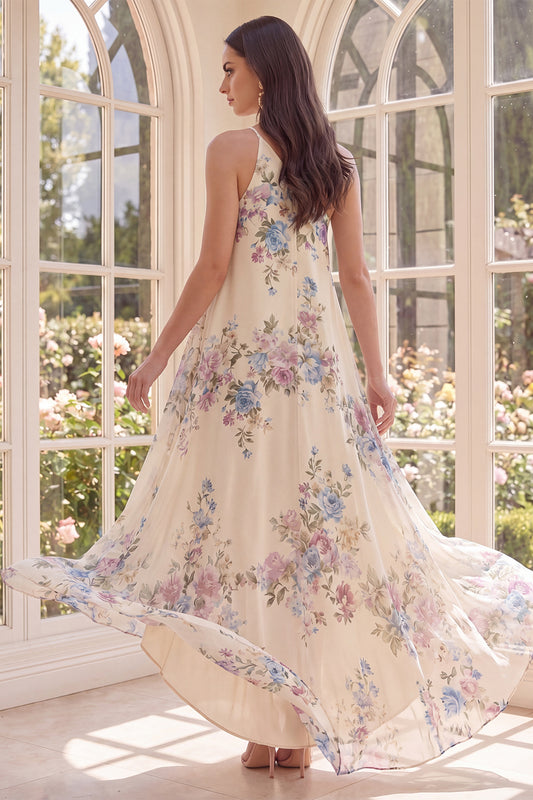 Apricot One Shoulder Floral A Line High Low Beach Wedding Guest Dress
