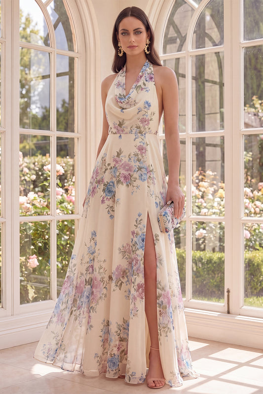 Halter Backless Apricot Floral A Line Maxi Beach Wedding Guest Dress with Slit