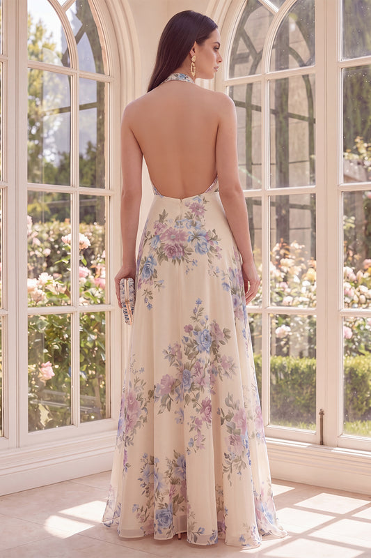 Halter Backless Apricot Floral A Line Maxi Beach Wedding Guest Dress with Slit