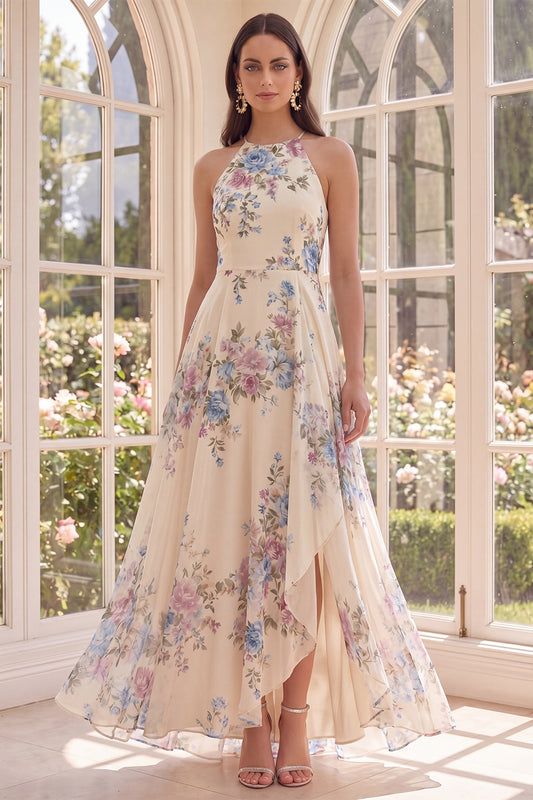 A Line Maxi Halter Apricot Floral Ruffled Open Back Beach Wedding Guest Dress with Slit