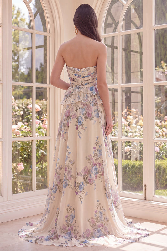 Basque Waist Apricot Floral A Line Maxi Beach Wedding Guest Dress with Ruffles