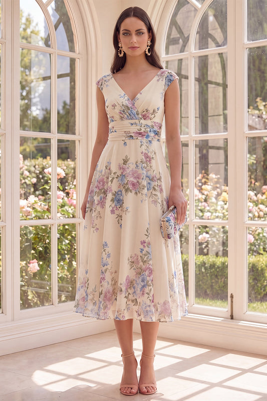 Ruched Apricot V-Neck Floral A Line Maxi Beach Wedding Guest Dress