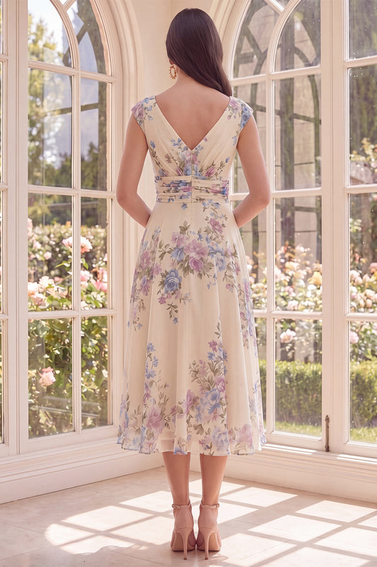 Ruched Apricot V-Neck Floral A Line Maxi Beach Wedding Guest Dress