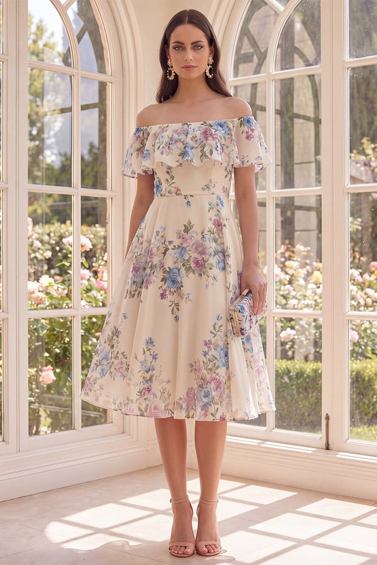 Off the Shoulder Apricot Floral A Line Midi Beach Wedding Guest Dress with Ruffles