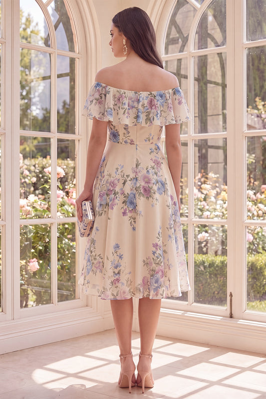 Off the Shoulder Apricot Floral A Line Midi Beach Wedding Guest Dress with Ruffles