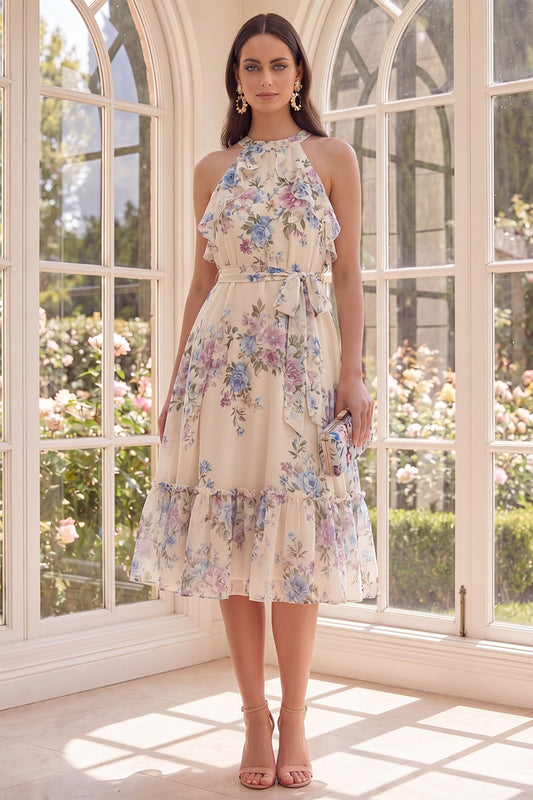 Floral Halter Apricot A Line Midi Ruffled Beach Wedding Guest Dress with Bow