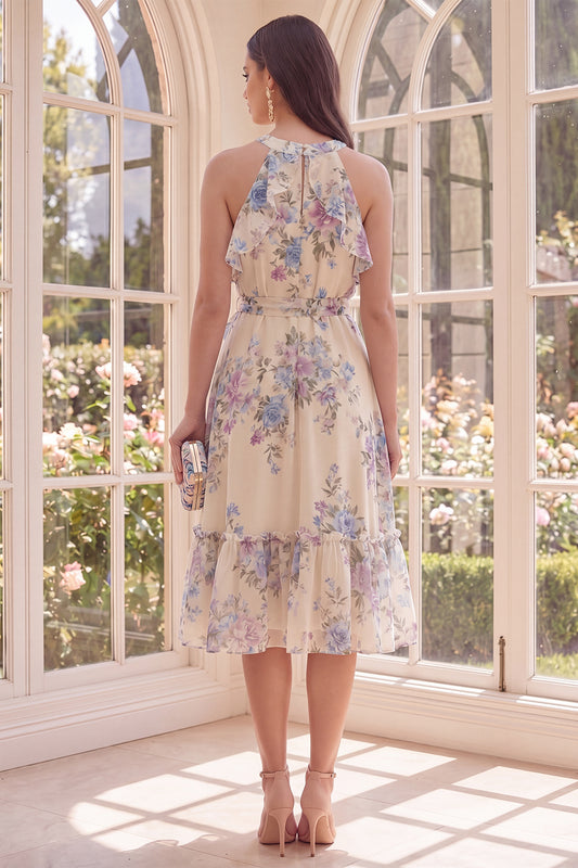 Floral Halter Apricot A Line Midi Ruffled Beach Wedding Guest Dress with Bow