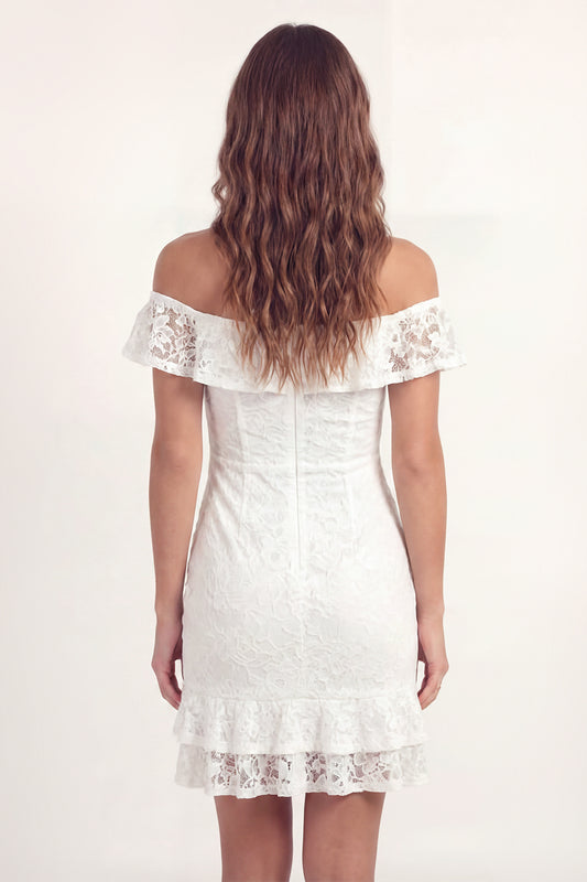 White Lace Off the Shoulder Floral Short Ruched Graduation Dress with Ruffles