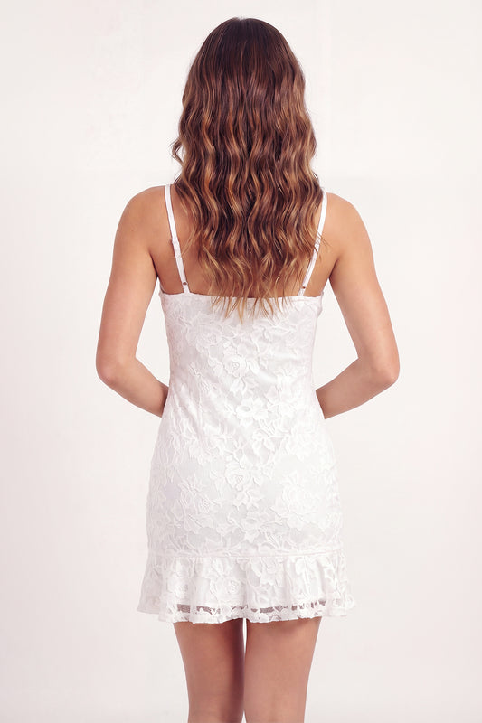 White Lace Floral Short Spaghetti Straps Graduation Dress with Ruffles