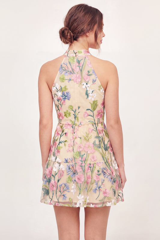 High Neck A Line Butter Yellow Floral Short Graduation Dress