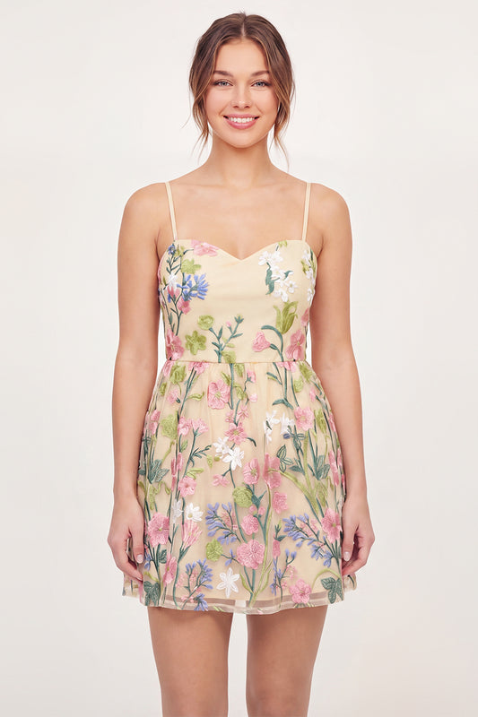 Floral Spaghetti Straps A Line Butter Yellow Short Graduation Dress