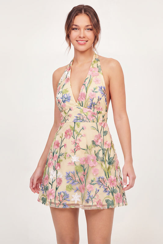 Halter Open Back A Line Butter Yellow Floral Short Graduation Dress
