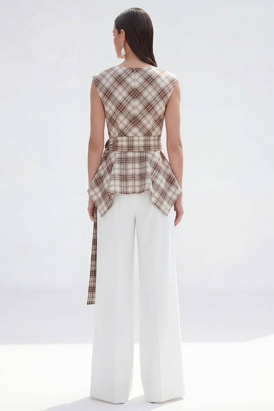 Bateau Neck Brown Grid 2 Piece Wide Leg Women Business Suits with Belt