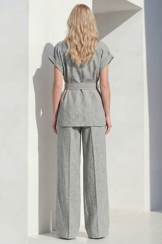 Short Sleeves Grey 2 Piece Single Breasted Wide Leg Women Business Suits with Belt