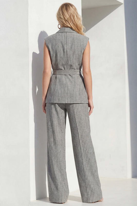 Peak Lapel Grey 2 Piece Striped Wide Leg Women Business Suits with Pockets