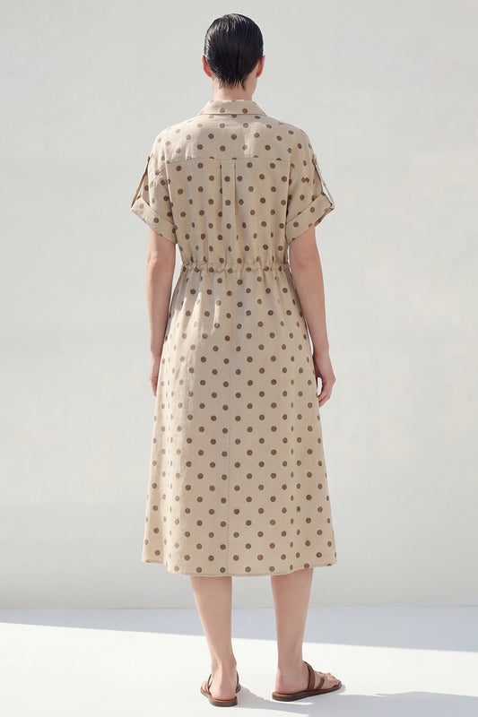 Khaki Polka Dots Short Sleeves Single Breasted Work Dress