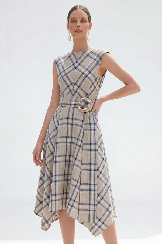 Grey Grid Bateau Neck Cap Sleeves Asymmetrical Work Dress with Belt