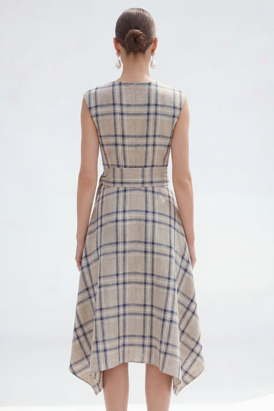 Grey Grid Bateau Neck Cap Sleeves Asymmetrical Work Dress with Belt