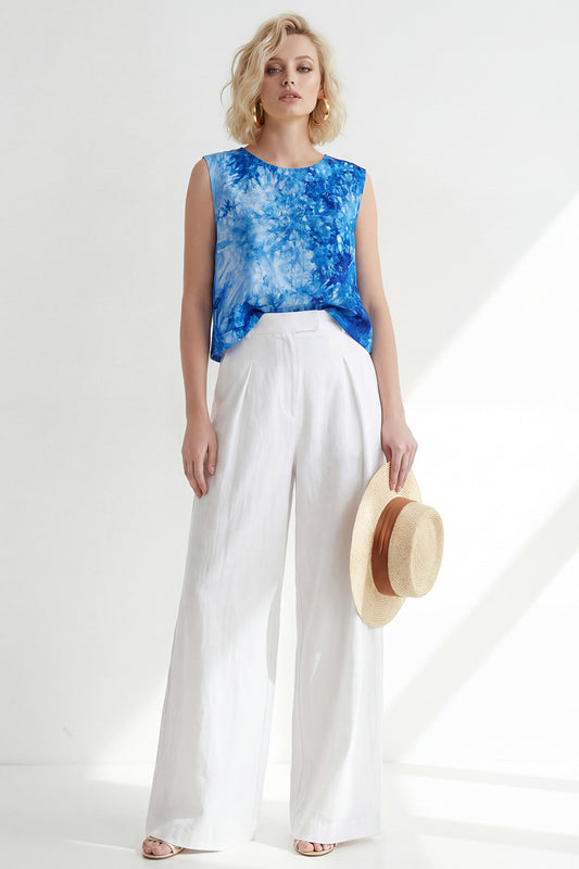 Round Neck Blue Printed 2 Piece Wide Leg Business Suits