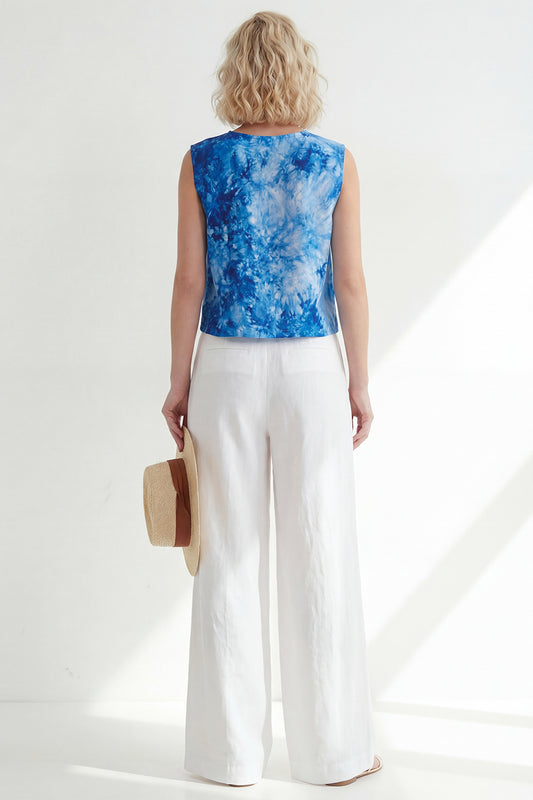 Round Neck Blue Printed 2 Piece Wide Leg Business Suits