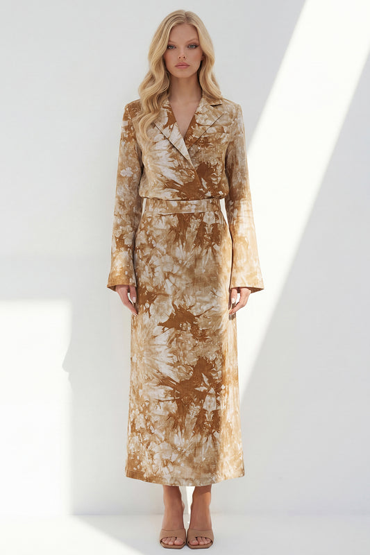 Notched Lapel Brown Long Sleeves 2 Piece Printed Business Suits with Back Slit