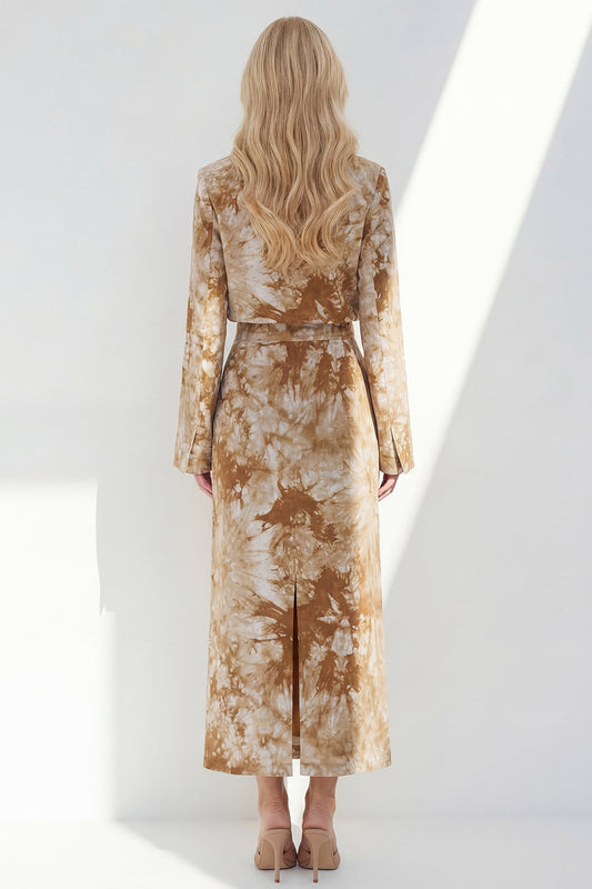 Notched Lapel Brown Long Sleeves 2 Piece Printed Business Suits with Back Slit
