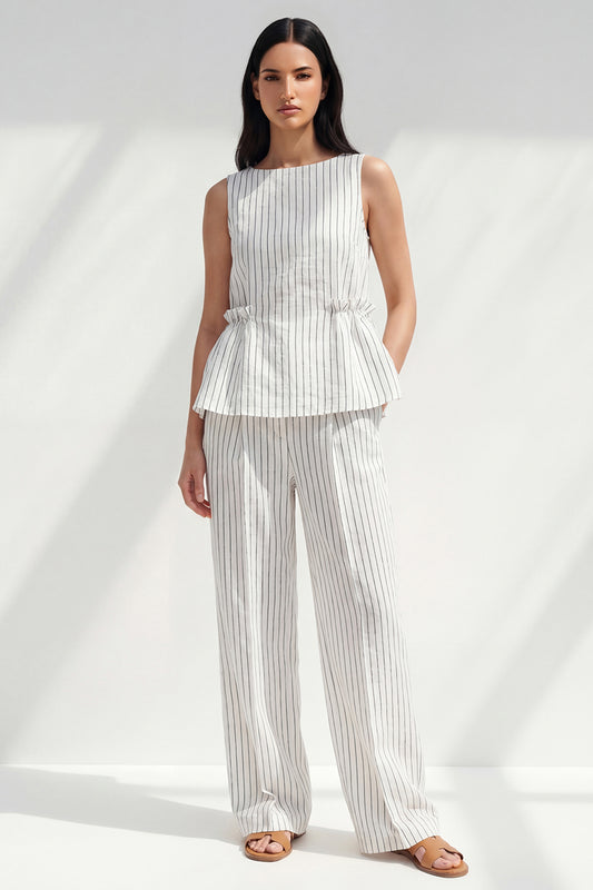 2 Piece Ruffled White Boat Neck Striped Slim Fit Business Suits